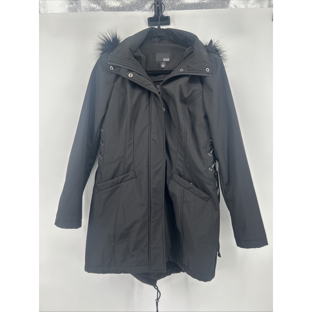 A.N.A Women's Black Softshell Parka Jacket Hood Faux Fur Side Lace Up Sz Small